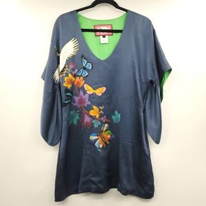 Meghan Fabulous Crane & Butterfly Kimono Sleeve Silk Tunic Dress Bohemian 4